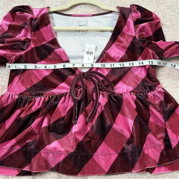 NWT Maeve Velvet Pink Maroon Plaid Puff Sleeve Top Low Cut Size Small - Picture 9 of 12